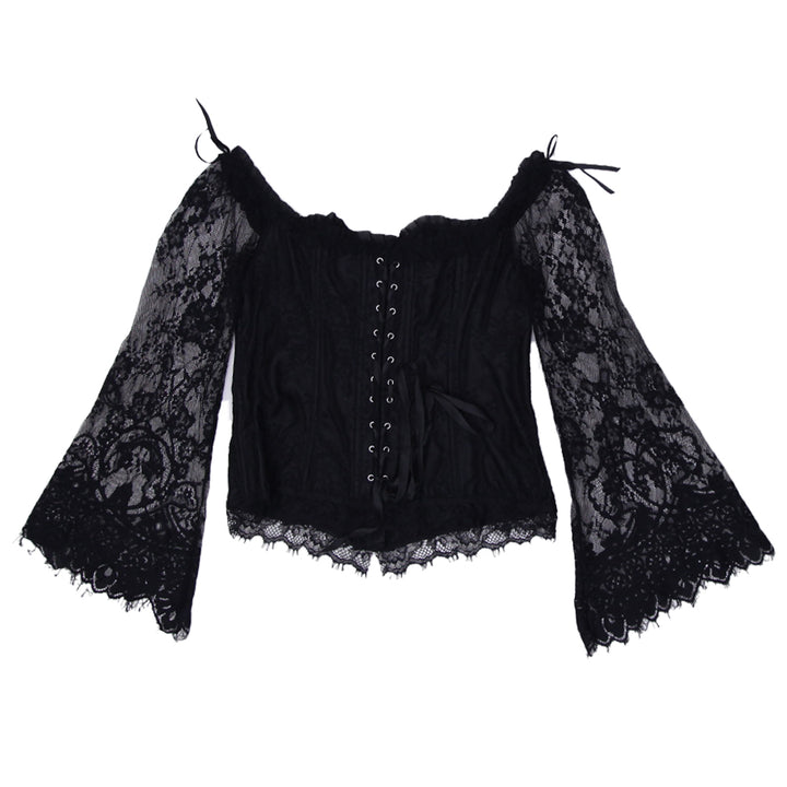 Ladies Black Lace Off Shoulder Sleeve Front Hook Corset