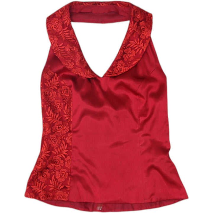 Y2K Ladies Blouse Red Satin Floral Detail Top Size XS | Migration_Y2K Tops | Fashion Rerun