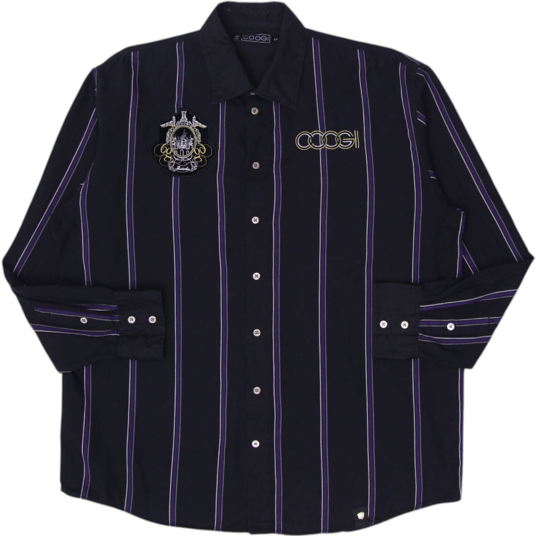 Shop Coogi Gold Button Embroidered Crest Patch Black Purple Stripe Shirt  Size XXL