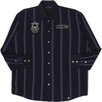 Coogi Gold Button Embroidered Crest Patch Black Purple Stripe Shirt Size XXL | Migration_Shirts | Fashion Rerun