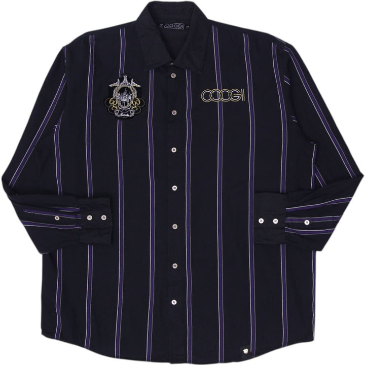 Coogi Gold Button Embroidered Crest Patch Black Purple Stripe Shirt Size XXL | Migration_Shirts | Fashion Rerun