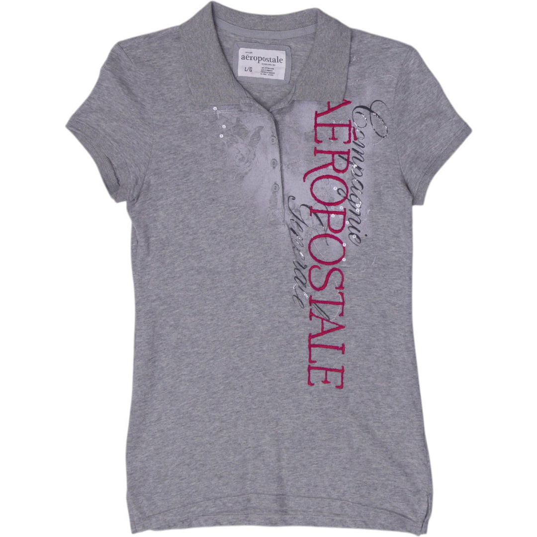 Y2K Ladies Aeropostale Polo Shirt Gray Graphic Print