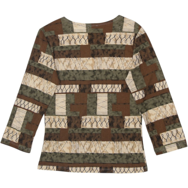 Y2K Ladies Nova Earth Tone Patchwork V-Neck Top Size L Made in USA