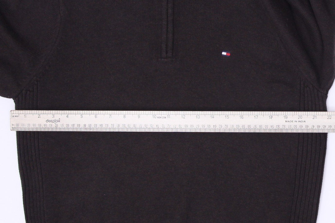 Mens Tommy Hilfiger Sweater Dark Brown 1/4 Zip Logo Knitwear