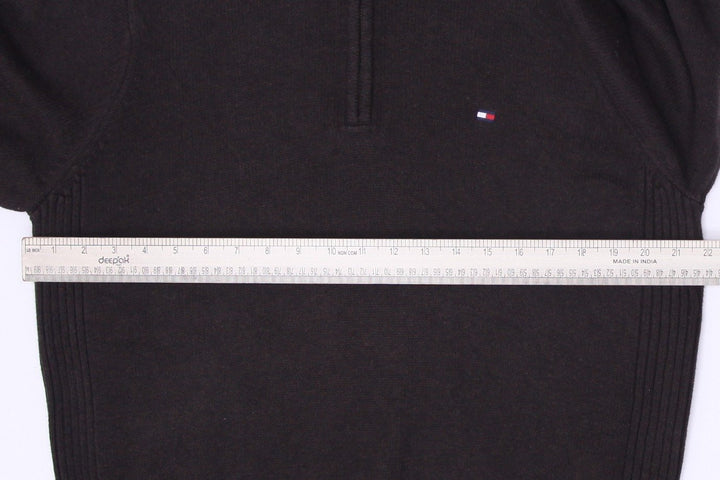 Mens Tommy Hilfiger Sweater Dark Brown 1/4 Zip Logo Knitwear