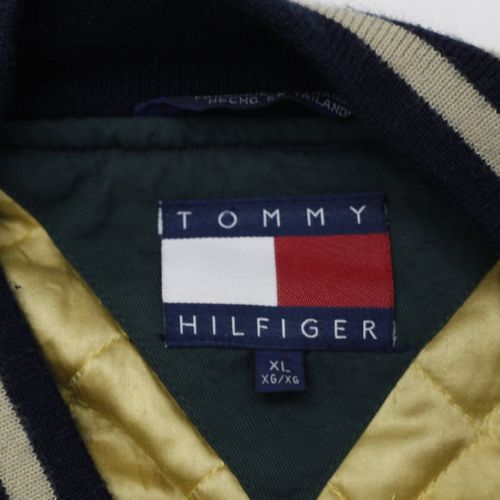 Vintage Tommy Hilfiger Varsity Jacket Navy Leather Sleeves Logo 88 XL | Migration_Jackets - Back View | Fashion Rerun