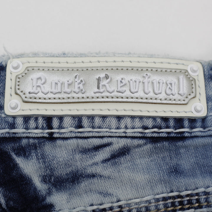Y2K Ladies Rock Revival Nadine Denim Shorts Blue Distressed Mid Rise