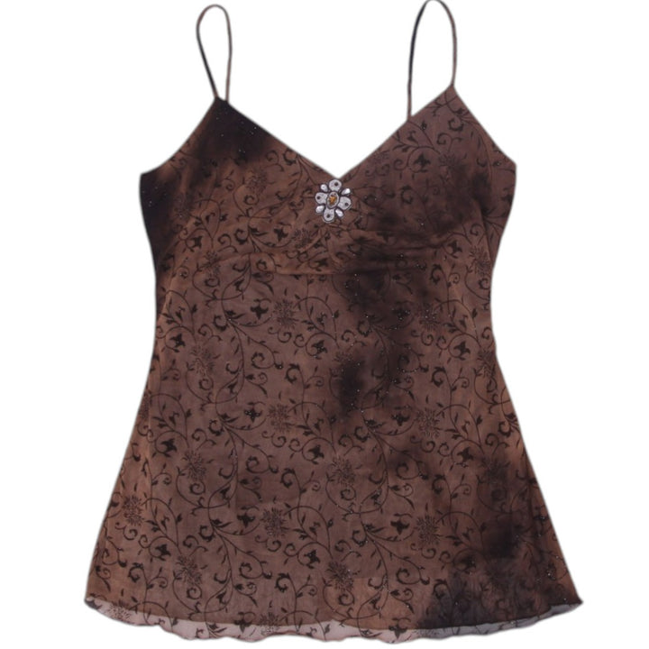Y2K Ladies Digital Clothing Brown Floral Glitter Spaghetti Strap M | Migration_Y2K Tops | Fashion Rerun