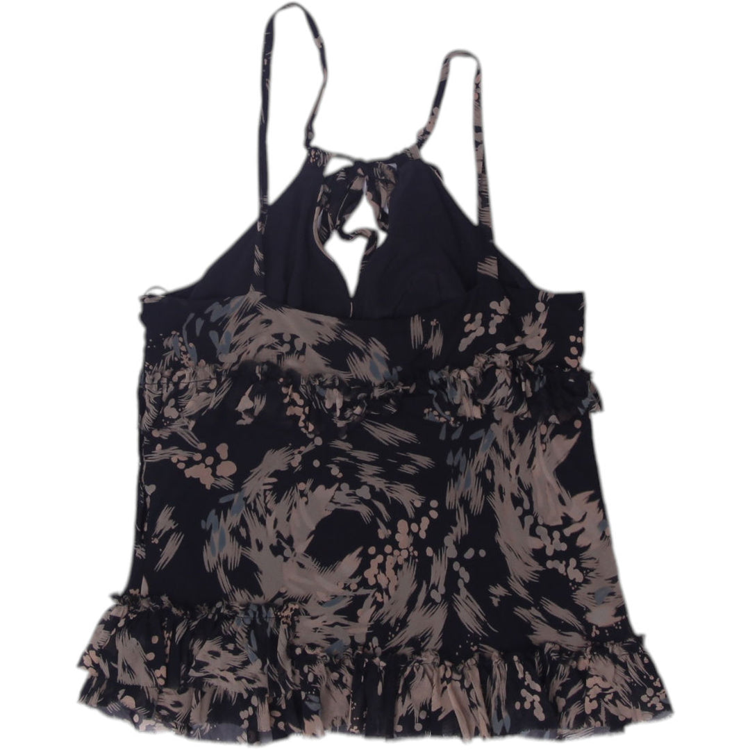 Y2K Ladies BCBG Maxazria Black Printed Ruffle Strappy Top S | Migration_Y2K Tops - Side View | Fashion Rerun