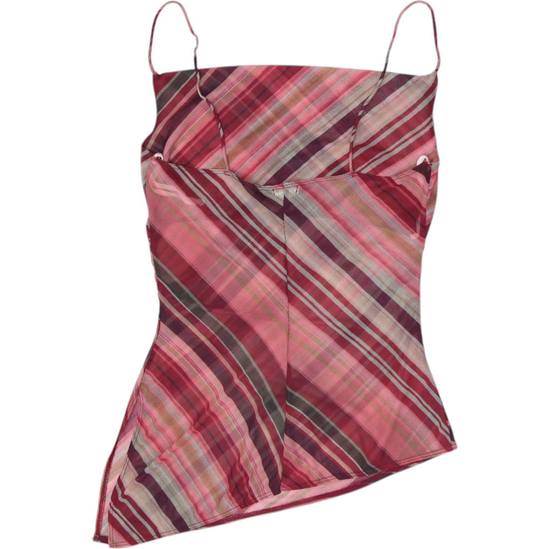 Y2K Ladies XOXO Cami Top Mesh Asymmetrical Hem Cami Striped Pink Burgundy Size M