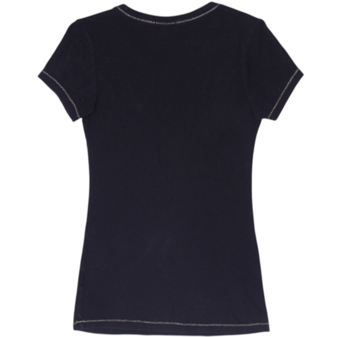 Y2K Ladies Guess T-Shirt Black Sequin Logo Short Sleeve Size S