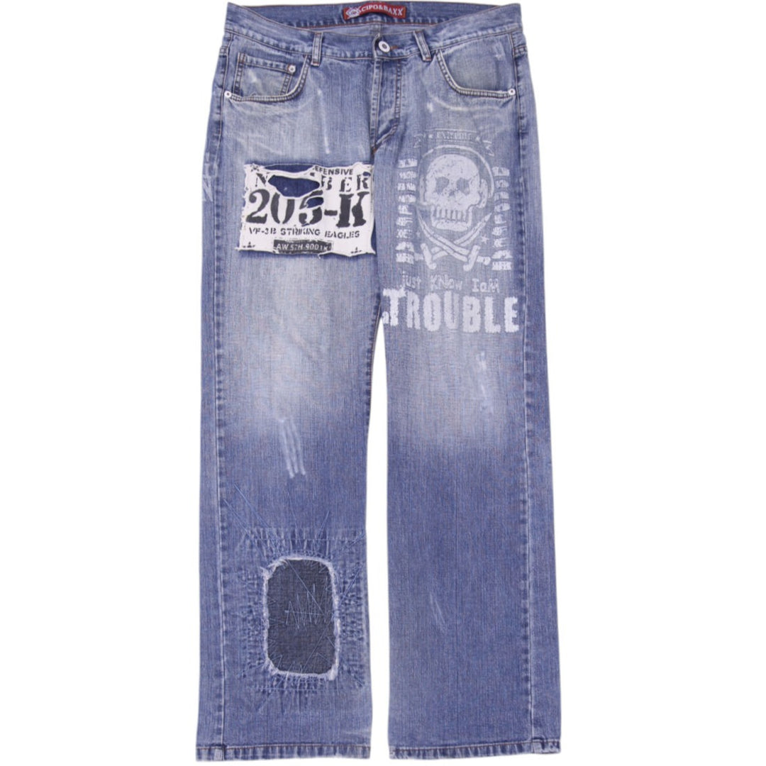 Y2K Mens Cipo & Baxx Skull Graphic Wide Leg Jeans Size W: 36 L: 34