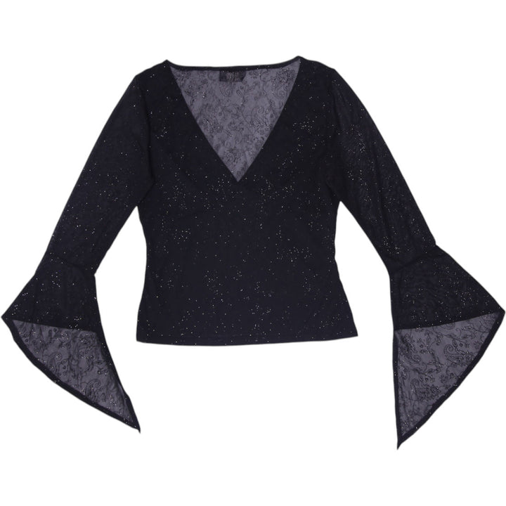 Y2K Ladies Tomtom Black Glitter Mesh Pointed Bell Sleeve Top