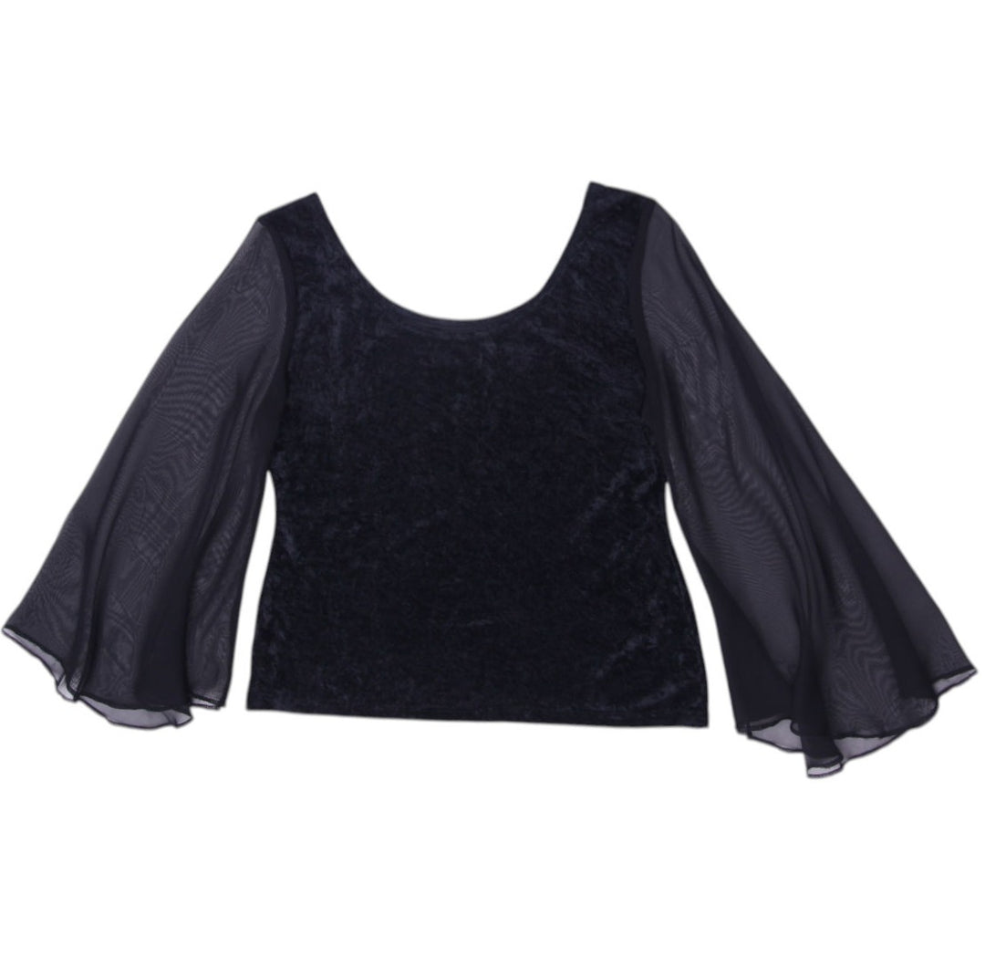 Y2K Ladies Blouse Black Sheer Bell Sleeve Top Size S | Migration_Y2K Tops - Side View | Fashion Rerun