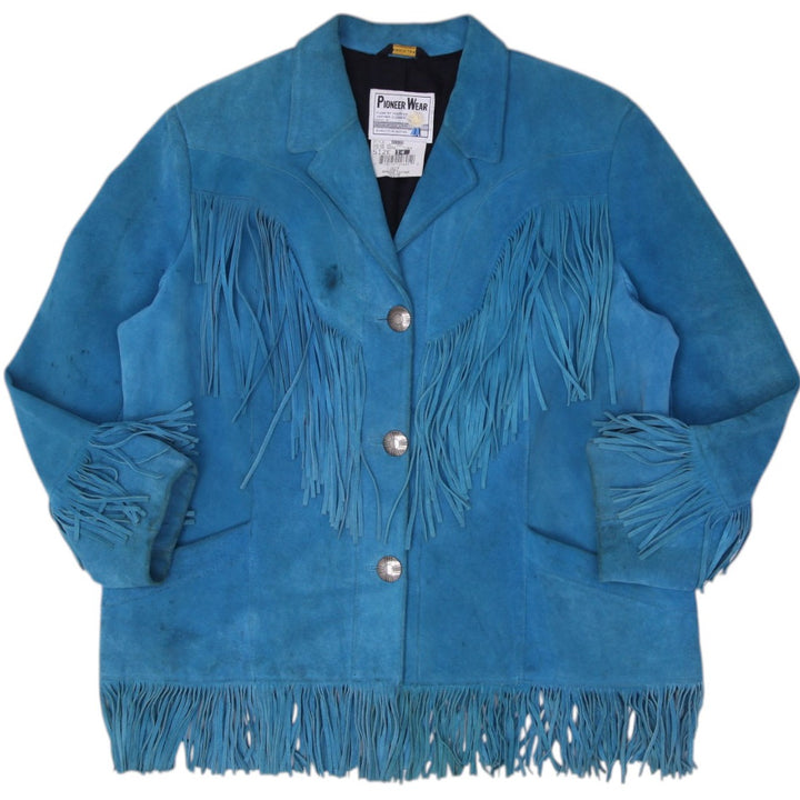 Vntg 80's Ladies Pioneer Wear Bright Turquoise Blue Suede Western Fringe Jacket
