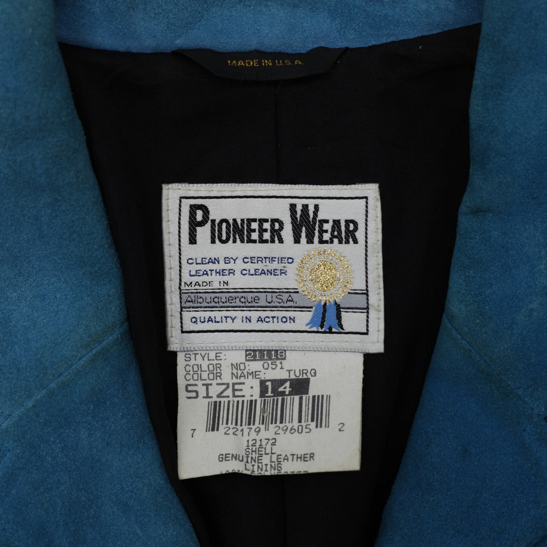 Vntg 80's Ladies Pioneer Wear Bright Turquoise Blue Suede Western Fringe Jacket