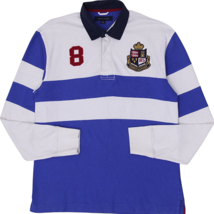 Mens Tommy Hilfiger Rugby Shirt Blue White Striped Embroidered Crest