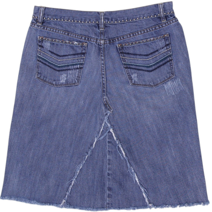 Y2K Ladies  X2 Low-Rise Distressed Blue Denim Midi Skirt Size 8