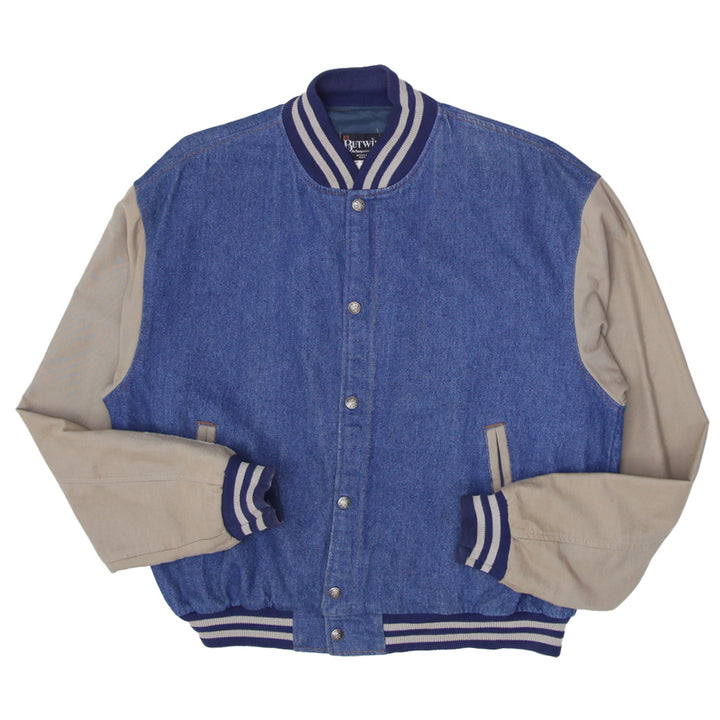 Vintage Butwin Varsity Jacket L 90s Bomber Denim Blue Snap