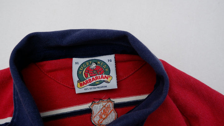 Vintage Mens Barbarian Rugby Shirt Red Striped Long Sleeve Cotton
