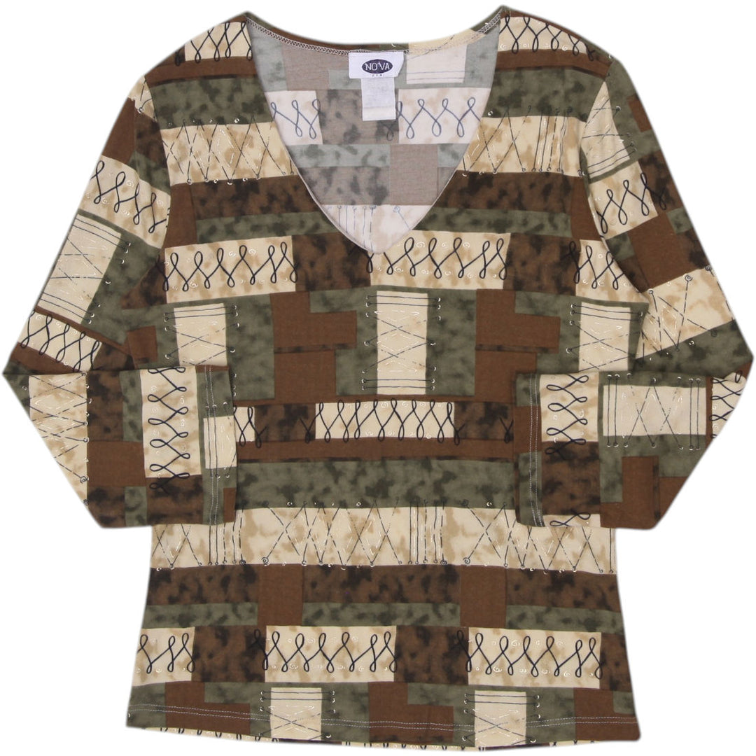 Y2K Ladies Nova Earth Tone Patchwork V-Neck Top Size L Made in USA