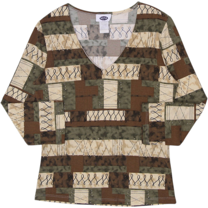 Y2K Ladies Nova Earth Tone Patchwork V-Neck Top Size L Made in USA