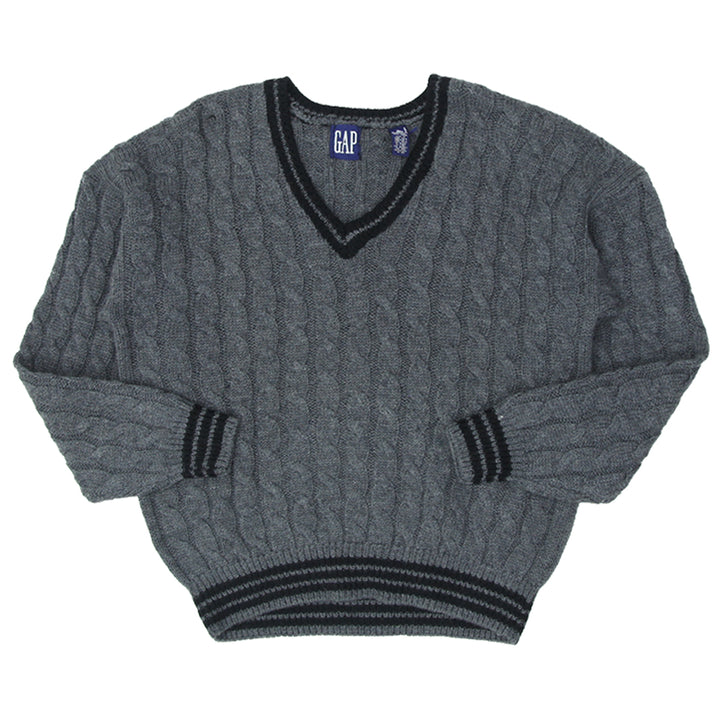 Vintage GAP Gray Cable Knit Wool Sweater V-Neck 90's Size Large - Fashion Rerun Vintage Migration_Sweaters