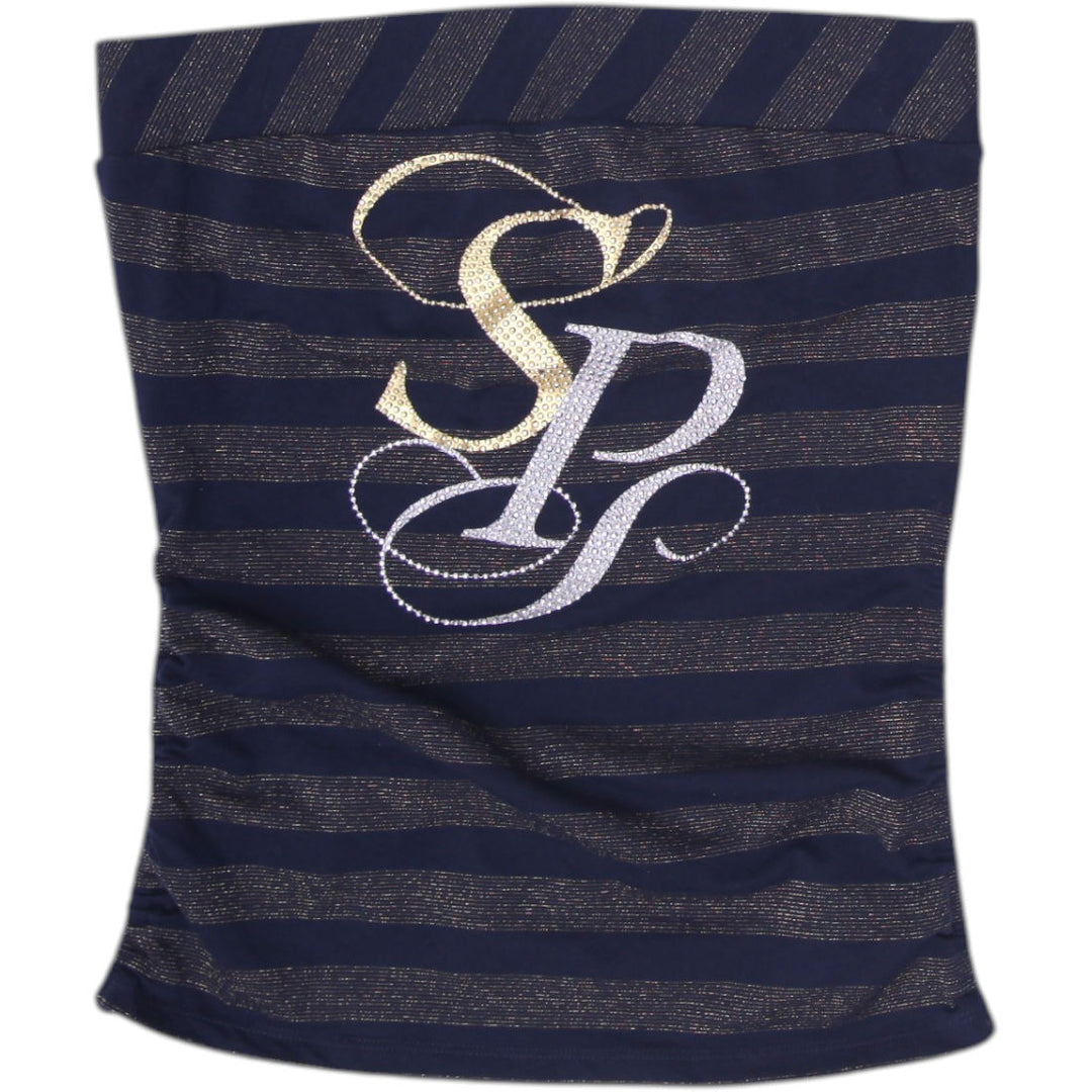 Y2K Ladies Southpole Navy & Gold Lurex Striped Monogram Tube Top