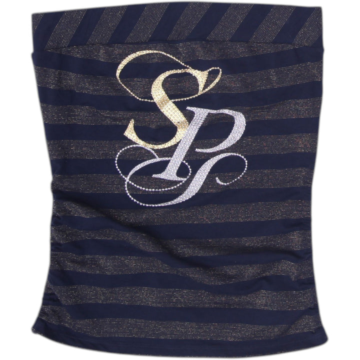 Y2K Ladies Southpole Navy & Gold Lurex Striped Monogram Tube Top