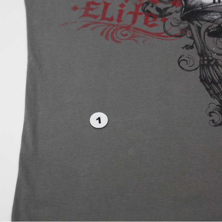 Y2K Mens MMA Elite Graphic T-Shirt Gray Skull Cross Design Size M