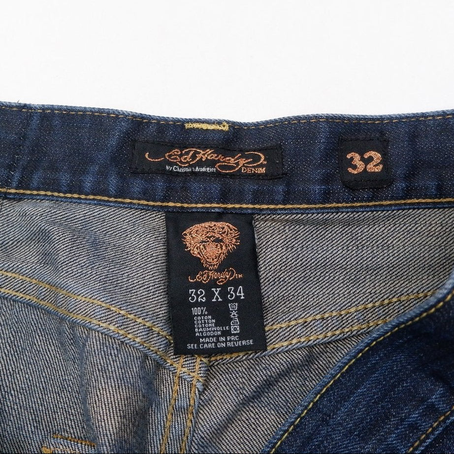 Y2K Mens Ed Hardy Jeans Blue Signature Graphic Denim