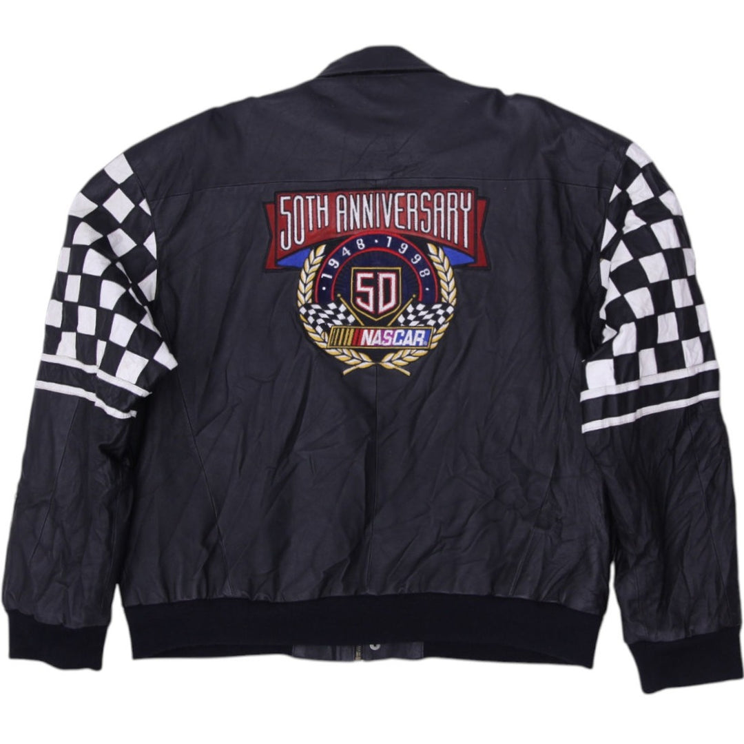 Vintage Jeff Hamilton Racing Black Leather NASCAR 50th Anniversary Jacket XXL | Migration_Jackets - Side View | Fashion Rerun