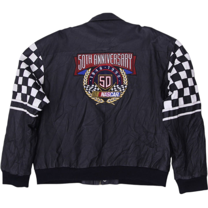 Vintage Jeff Hamilton Racing Black Leather NASCAR 50th Anniversary Jacket XXL | Migration_Jackets - Side View | Fashion Rerun