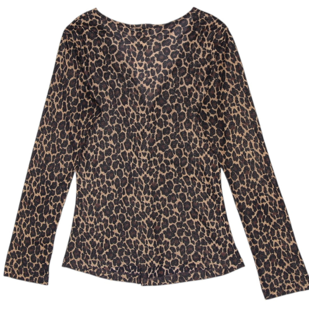 Vintage Ladies San Joy USA Leopard Print Twist-Front Mesh Blouse