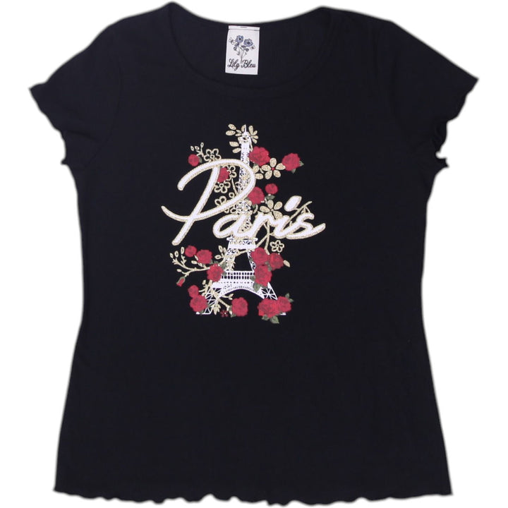 Y2K Ladies Paris Black Floral Graphic Top Size L | Migration_Y2K Tops | Fashion Rerun