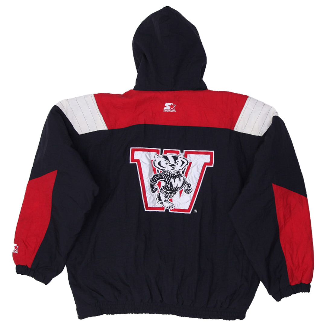 Vintage 90s NCAA Starter Wisconsin Badgers Pullover 1/2 Zip Hooded Jacket