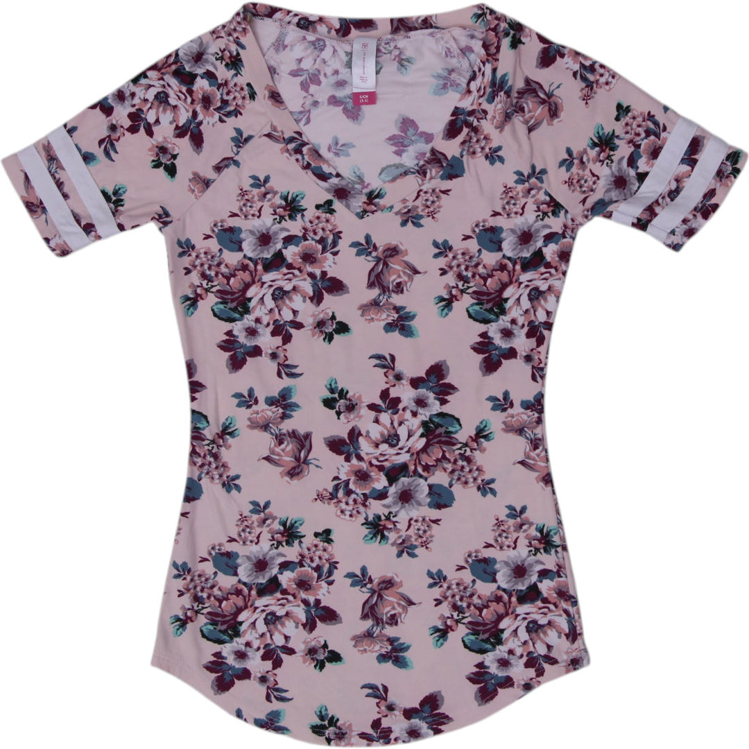 Y2K Ladies Floral Print V-Neck Tee Size S