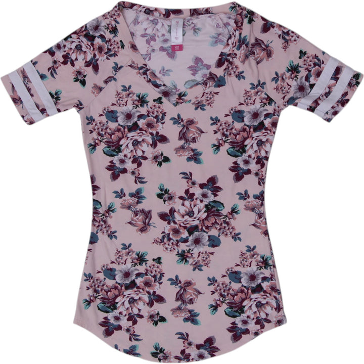 Y2K Ladies Floral Print V-Neck Tee Size S