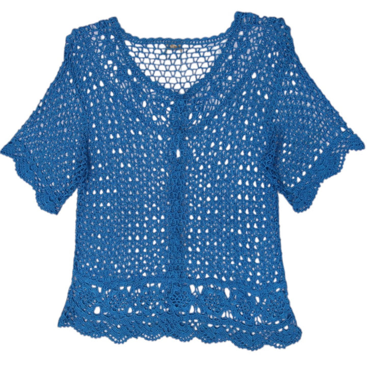 Y2K Ladies Blue Short Sleeve Crochet Cardigan Size M