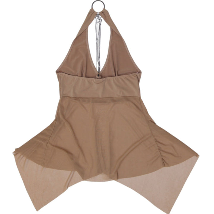 Y2K Ladies Belle Amie Tan Halter Top Khaki Tan O-Ring Handkerchief Hem Size M