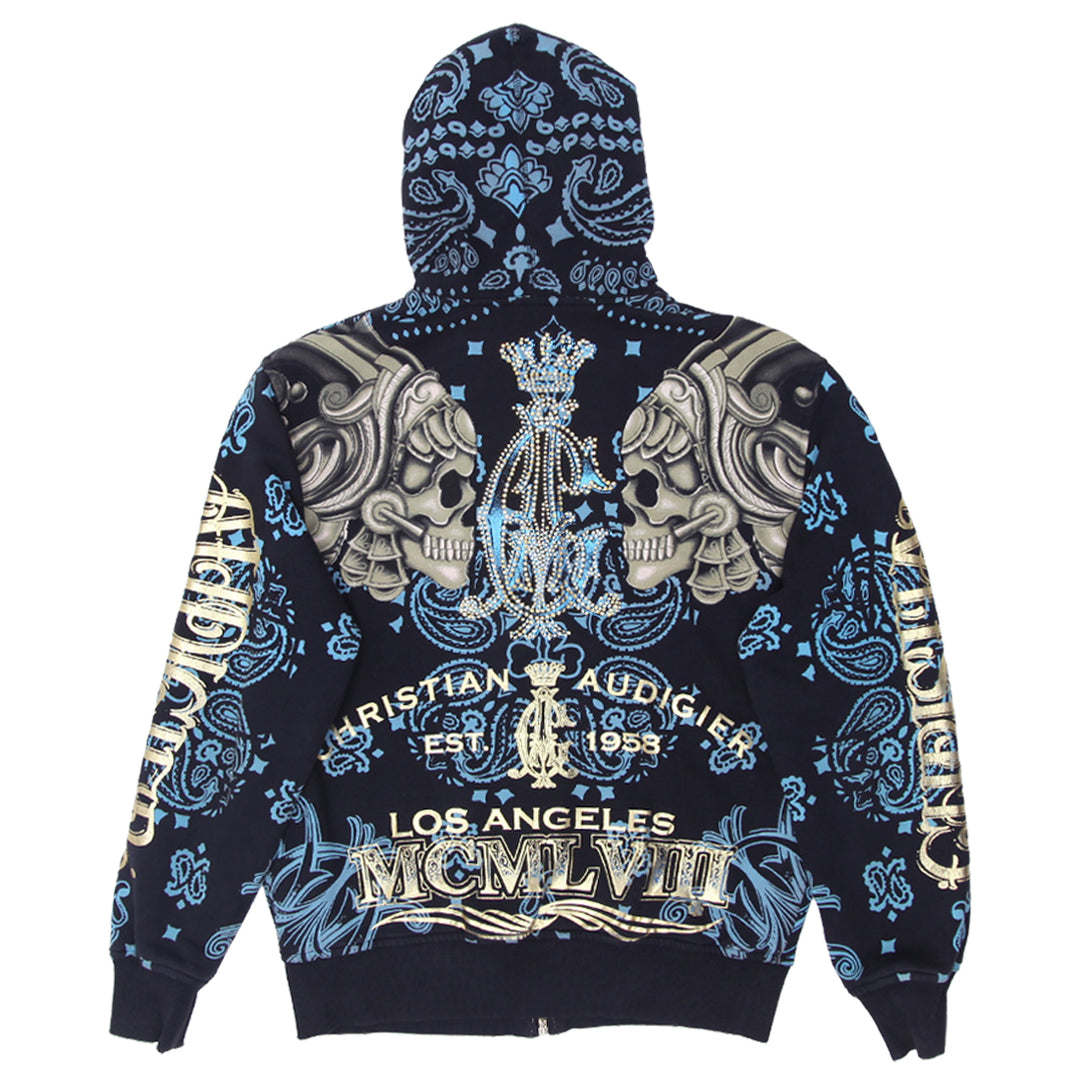 Mens Y2K Christian Audigier Stoned Skull AOP Full Zip Hoodie 