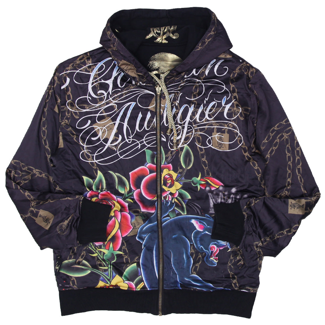 Shop Y2K Christian Audigier Full Zip AOP Reversible Hoodie Size L