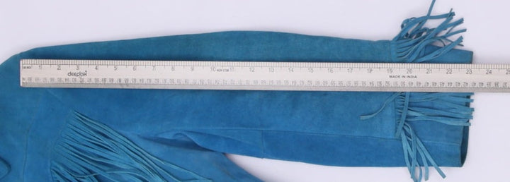 Vntg 80's Ladies Pioneer Wear Bright Turquoise Blue Suede Western Fringe Jacket
