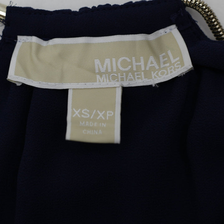 Y2K Ladies Michael Kors Gold Chain Neck Pleated Halter Dress Navy Blue Size XS