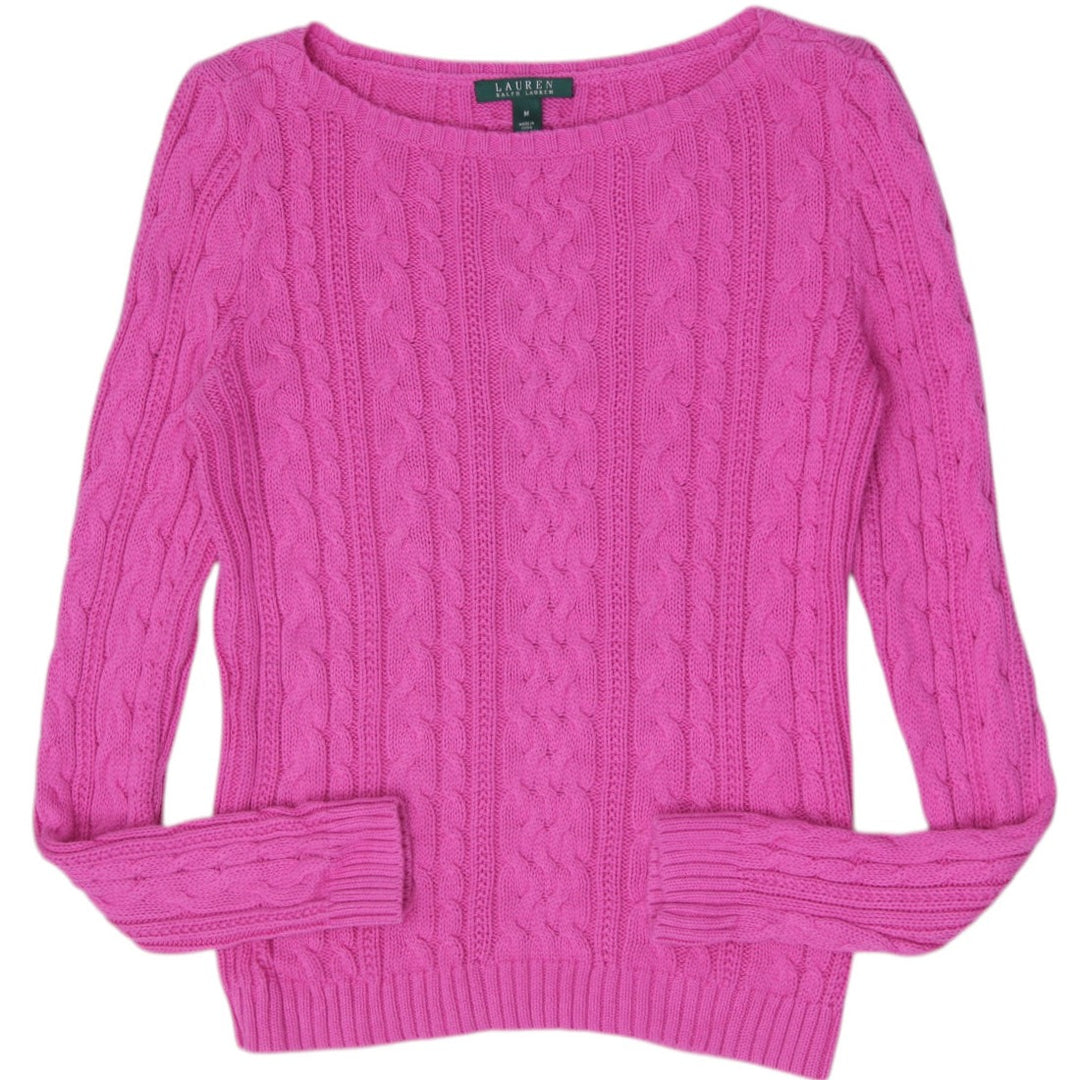 Ladies Ralph Lauren Pink Cable Knit Sweater Medium 100% Cotton Crew Neck Size M