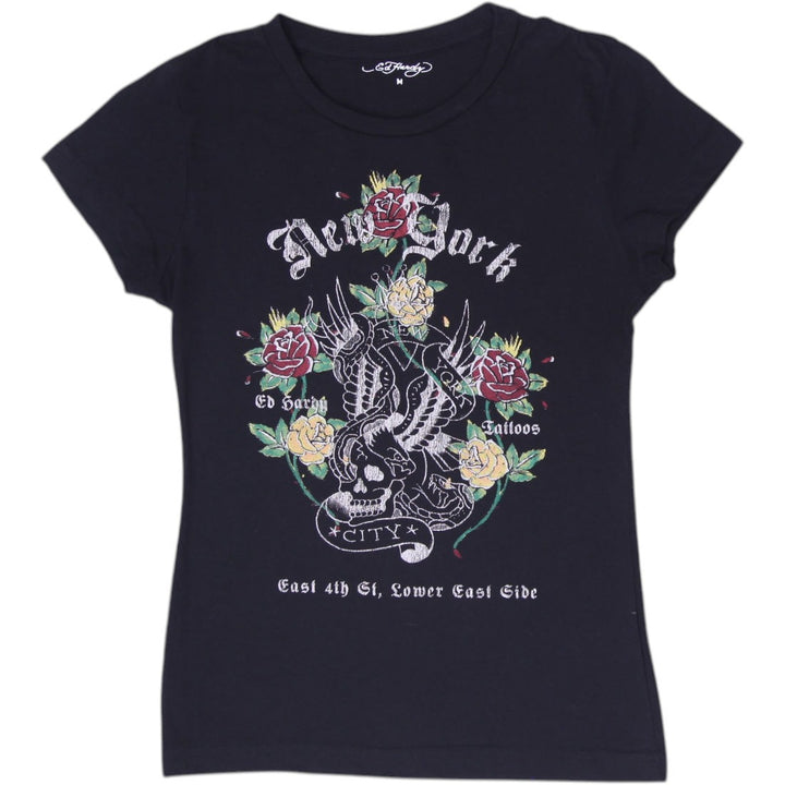 Y2K Ladies Ed Hardy New York City Tattoo Skull Floral Graphic T-Shirt Size M