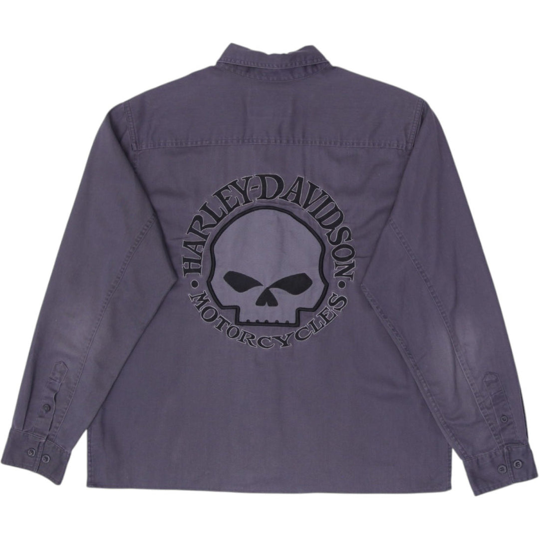 Mens Harley Davidson Shirt Gray Long Sleeve Embroidered Skull
