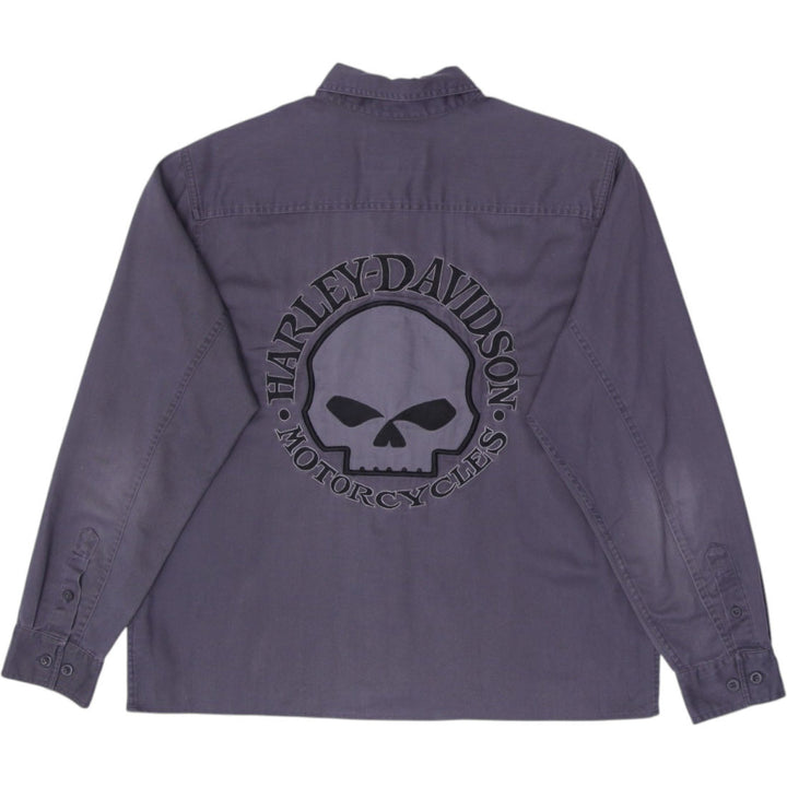 Mens Harley Davidson Shirt Gray Long Sleeve Embroidered Skull