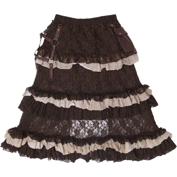 Y2K Ladies Spirit Halloween Steampunk Brown Lace Tiered Ruffle Maxi Skirt