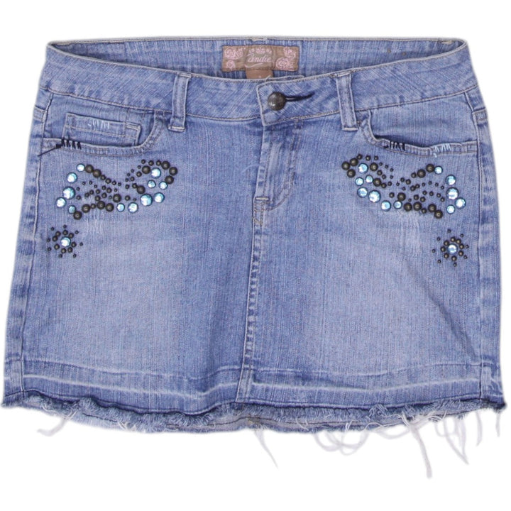 Y2K Ladies Embellished Casual Blue Denim Mini Skirt Size 9 | Migration_Skirts | Fashion Rerun